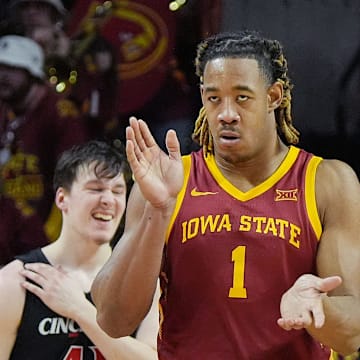 Iowa State Cyclones center Dishon Jackson (1) reacts after a defensive play against Cincinnati during the second half in the Big-12 men’s basketball at Hilton Coliseum on Feb. 15, 2025 in Ames, Iowa.