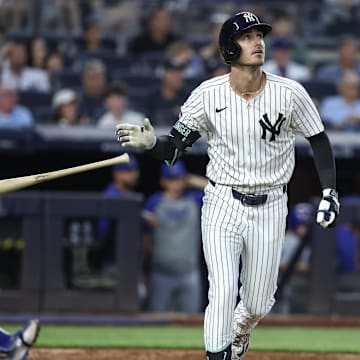 Jul 11, 2025; Bronx, New York, USA;  New York Yankees center fielder Cody Bellinger (35) hits a two run home run in the fifth inning against the Chicago Cubs at Yankee Stadium. Mandatory Credit: Wendell Cruz-Imagn Images