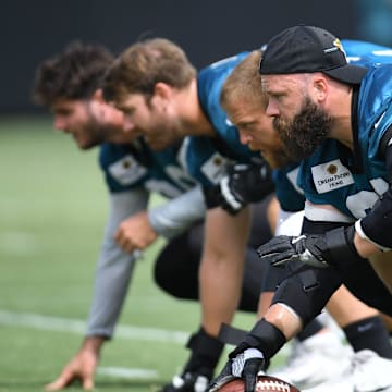 Jacksonville Jaguars center Mitch Morse (65) lines up during the organized team activity session Monday, June 3, 2024 at EverBank Stadium's Miller Electric Center in Jacksonville, Fla.