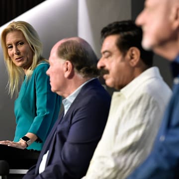 Jacksonville Mayor Donna Deegan at the podium with Jaguars president Mark Lamping, Jacksonville Jaguars owner Shad Khan, and the city of Jacksonville's chief negotiator on the stadium deal Mike Weinstein met at the Jaguars Miller Electric Center Wednesday, June 26, 2024 to address the media and team personnel about the newly approved stadium renovation deal. [Bob Self/Florida Times-Union]