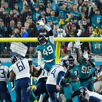 Jacksonville Jaguars defensive end Arden Key (49) fails to block a field goal by Tennessee Titans place kicker Randy Bullock (14) as the clock ran out on the first half. The Jacksonville Jaguars hosted the Tennessee Titans to decide the AFC South championship at TIAA Bank Field in Jacksonville, FL, Saturday, January 7, 2023. The Jaguars went into the half trailing 7 to 13. [Bob Self/Florida Times-Union]

Jki 010723 Bs Jaguars Vs Titans 28