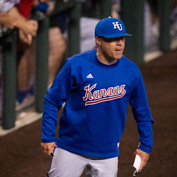 Kansas Jayhawks' Head Coach Dan Fitzgerald exchanges words with the officials.