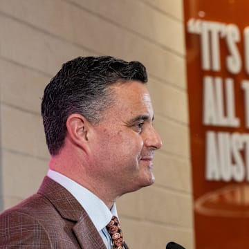 Sean Miller speaks to the press as he is announced The University of Texas' new men's basketball coach Tuesday, March 25, 2025.