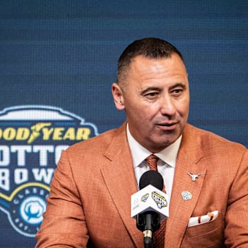 Texas Longhorns Head Coach Steve Sarkisian speaks during the Coaches' Press Conference at AT&T Stadium, Jan. 9, 2024. Both coaches answered questions from the media during the conference, and will face each other in the Cotton Bowl College Football Playoff semi-final game on Friday.