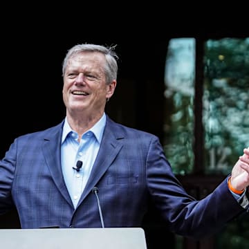 President of the NCAA, Charlie Baker speaks during a press conference celebrating the 25 year anniversary of the NCAA moving its national office to Indianapolis on Tuesday, Aug. 13, 2024, at the NCAA Headquarters in Indianapolis.