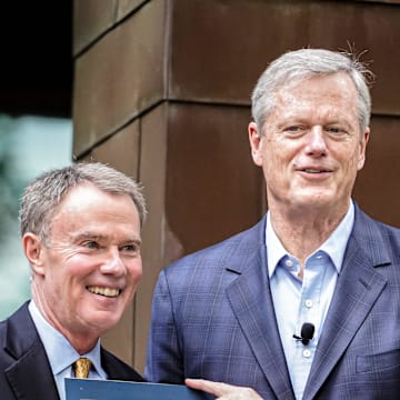 Indianapolis Mayor Joe Hogsett and Charlie Baker, President, NCAA hold a special proclamation during a press conference celebrating the 25 year anniversary of the NCAA moving its national office to Indianapolis on Tuesday, Aug. 13, 2024, at the NCAA Headquarters in Indianapolis.