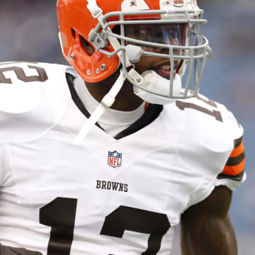 Dec 8, 2013; Foxborough, MA, USA; Cleveland Browns wide receiver Josh Gordon (12) warms up before the start of the game against the New England Patriots at Gillette Stadium. Mandatory Credit: David Butler II-USA TODAY Sports