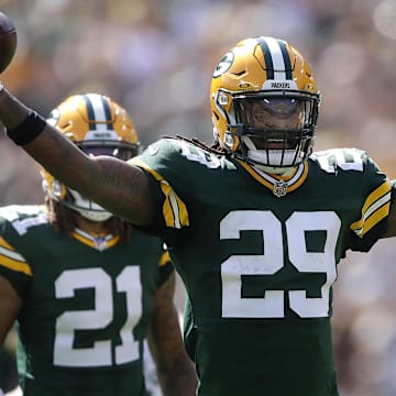 Green Bay Packers safety Xavier McKinney (29) celebrates his interception against Indianapolis Colts at Lambeau Field on Sunday.