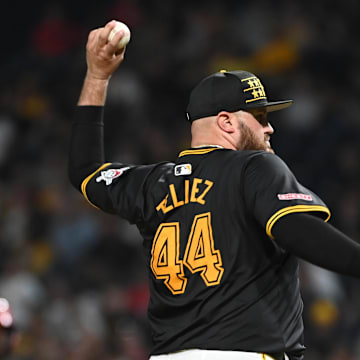 Pittsburgh Pirates infielder Rowdy Tellez (44) pitches to the Cincinnati Reds during the ninth inning at PNC Park. 