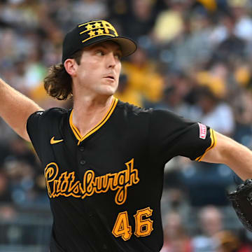 Aug 24, 2024; Pittsburgh, Pennsylvania, USA;  The 2024 Pittsburgh Pirates starting pitcher Jake Woodford (46) throws to the Cincinnati Reds at PNC Park. Mandatory Credit: Philip G. Pavely-Imagn Images