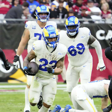 Los Angeles Rams running back Kyren Williams (23) breaks down field against the Arizona Cardinals in the second half at State Farm Stadium in Glendale on Nov. 26, 2023.