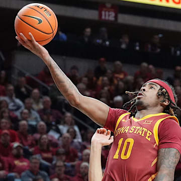 Iowa State Cyclones guard Keshon Gilbert (10) goes for a layup against Cincinnati during the first half in the Big-12 men’s basketball at Hilton Coliseum on Feb. 15, 2025 in Ames, Iowa.