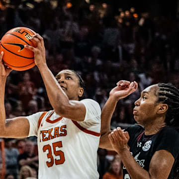 Madison Booker shoots during No. 4 Texas's 66–62 win over No. 2 South Carolina on Feb. 9, 2025.