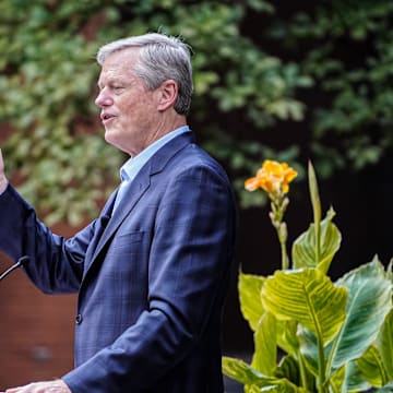 Charlie Baker speaks at a press conference in 2024.