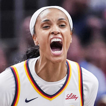 DeWanna Bonner celebrates during a game between the Fever and Mystics.