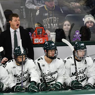 MSU hockey coach Adam Nightingale coaches his Spartans against Notre Dame, Saturday, Nov. 15, 2024, at Munn Ice Arena. MSU won 4-3 to sweep the series.
