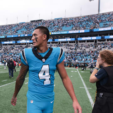 Oct 12, 2025; Charlotte, North Carolina, USA; Carolina Panthers wide receiver Tetairoa McMillan (4) looks on after the game against the Dallas Cowboys at Bank of America Stadium. 