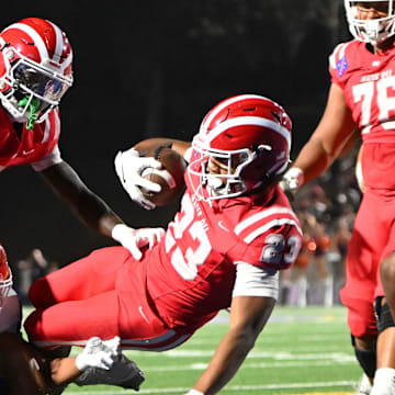 Mater Dei's Trenton Dunn powers into the end zone against Bishop Gorman on Friday, Sept. 6, 2024 at the Santa Ana Bowl.