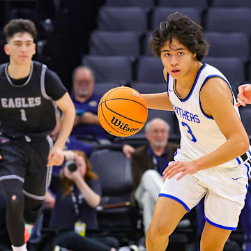 Jai Gerrodette of Priory dribbles during the California (CIF) State Division 4 championship game at Golden 1 Center in Sacramento.
