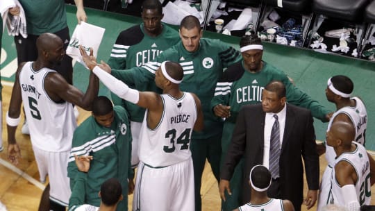 June 1, 2012; Boston, MA, USA; Boston Celtics small forward Paul Pierce (34) high-fives power