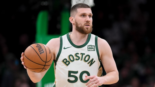 Boston Celtics guard Svi Mykhailiuk (50) moves the ball against the Portland Trail Blazers. Eric Canha-USA TODAY Sports