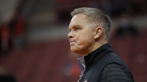 Ohio State Buckeyes head coach Chris Holtmann watches his team warm up before the NCAA basketball exhibition game against the Indianapolis Greyhounds at Value City Arena in Columbus on Monday, November 1, 2021.