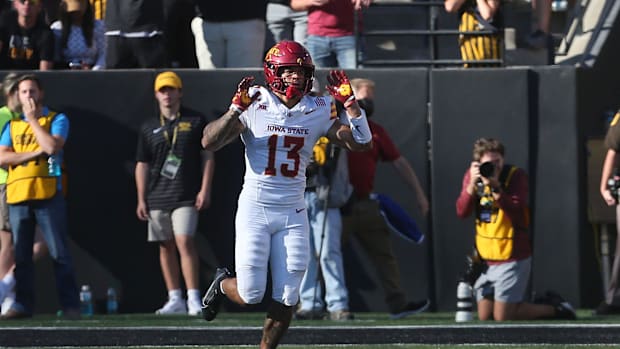 Iowa State Cyclones wide receiver Jaylin Noel (13) celebrates after a touchdown