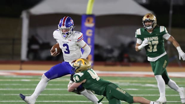 St. Bonaventure's Dylan Dunst tackles Folsom quarterback Ryder Lyons during the fourth quarter
