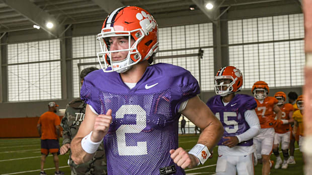 Clemson quarterback Cade Klubnik (2) enters the field outside of the Poe Indoor Facility during Spring Practice in Clemson, S