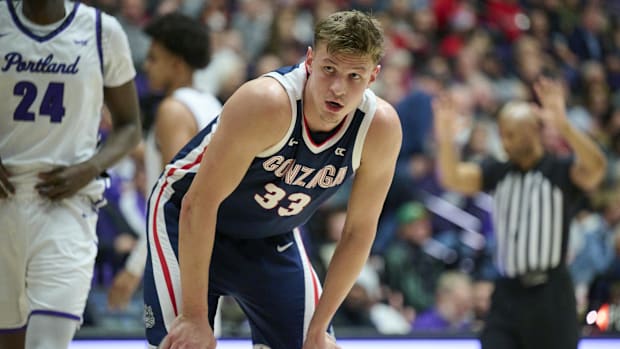 Gonzaga Bulldogs forward Ben Gregg (33) waits during a break in the game during the first half against the Portland Pilots. 