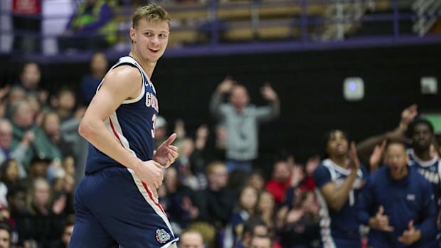 Gonzaga Bulldogs forward Ben Gregg (33) reacts after scoring a three-point basket during the first half against Portland.