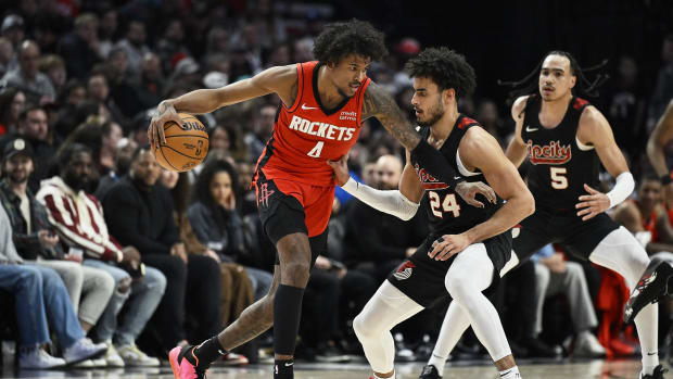 Apr 12, 2024; Portland, Oregon, USA; Houston Rockets guard Jalen Green (4) dribbles