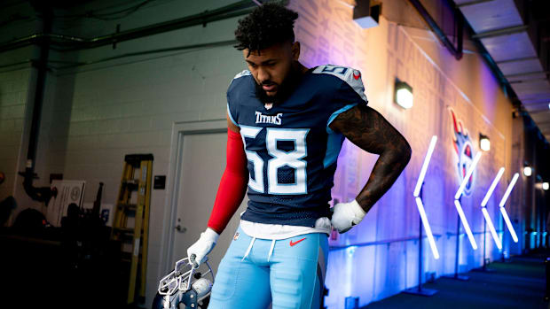 Tennessee Titans edge rusher Harold Landry in the tunnel