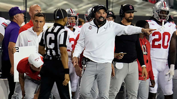Ohio State Buckeyes head coach Ryan Day yells for a penalty during the second half of a game against Oregon Ducks.