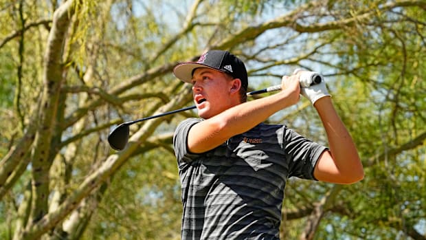 Arizona State golfer Preston Summerhays plays his tee shot on the ninth hole during NCAA Championship match play quarterfinal
