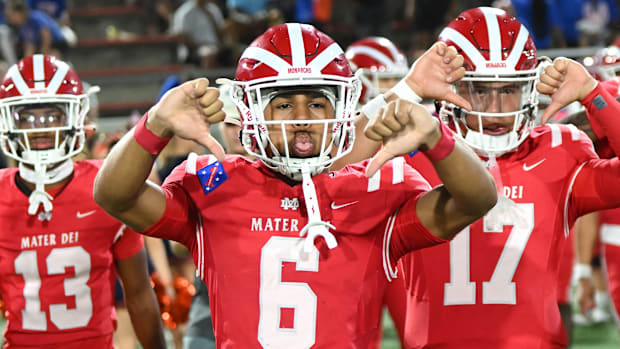 Mater Dei football players gesture during a game against Bishop Gorman on Friday, Sept. 6, 2024.