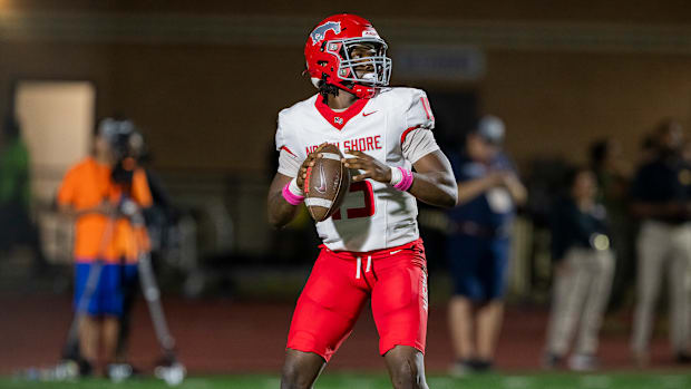 North Shore's Kaleb Bailey surveys the field in a nationally ranked rivalry against Atascocita on Oct. 25, 2024.