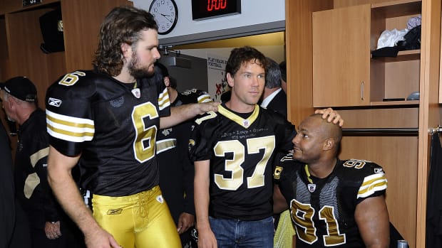 New Orleans Saints players in the locker room.