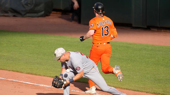 Washington Nationals first baseman Nathaniel Lowe commits a costly error against the Baltimore Orioles in 2025.
