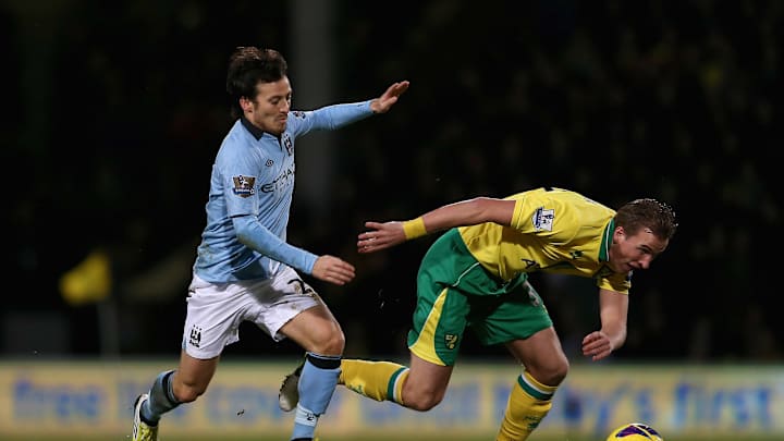 Harry Kane being closed down by David Silva when playing for Norwich City in 2012