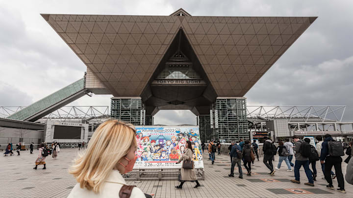 A sign for Anime Japan 2022 outside Tokyo Big Sight, Odaiba...