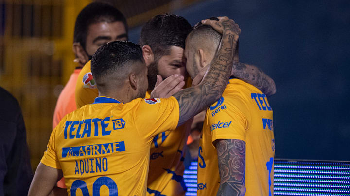 Jugadores de Tigres UANL celebran un gol. Jugadores de Tigres UANL celebran un gol.