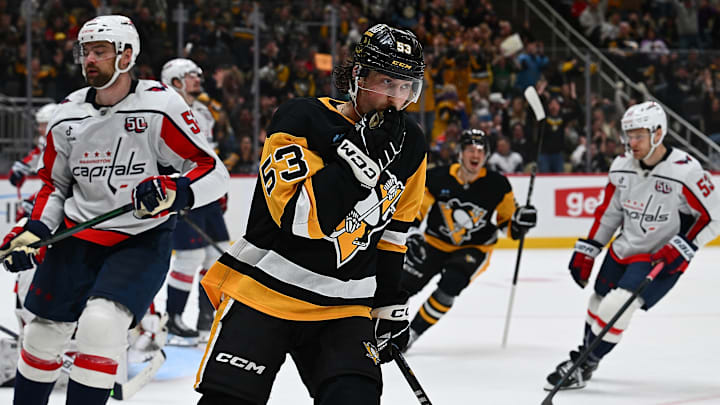 Phil Tomasino (Middle) celebrates goal during Washington Capitals v Pittsburgh Penguins