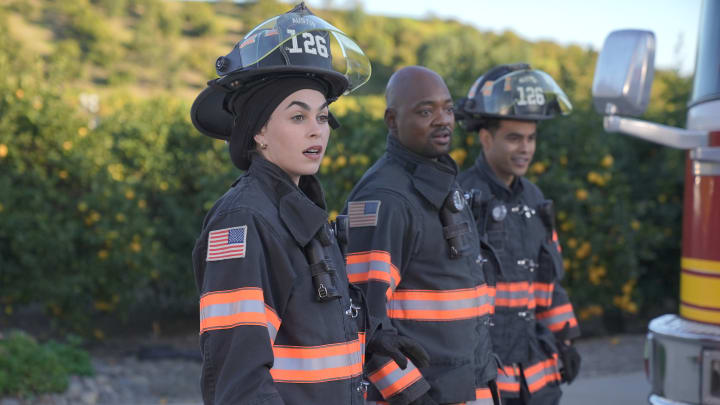 9-1-1 LONE STAR: L-R: Natacha Karam, Brian Michael Smith and Julian Works in the "Open" episode of 9-1-1 LONE STAR airing Tuesday, Apr 18 (8:00-9:01 PM ET/PT) on FOX. © 2023 Fox Media LLC. CR: Kevin Estrada/FOX.