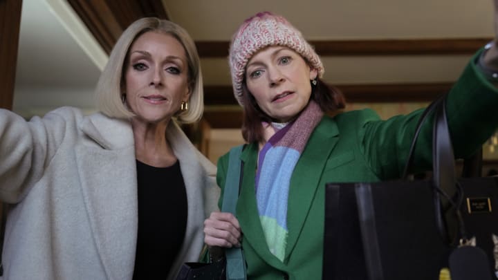 "A Classic New York Character" -- After the loathed co-op board president (guest star Linda Lavin) of a luxury pre-war building falls off her balcony to her death, Elsbeth and Kaya are called to the scene to dig for a lead when they meet Joann (guest star Jane Krakowski), a high-powered Manhattan real estate broker with huge clients and even bigger secrets. Pictured (L-R): Jane Krakowski as Joann Lenox and Carrie Preston as Elsbeth Tascioni Photo: Elizabeth Fisher/CBS ©2024 CBS Broadcasting,