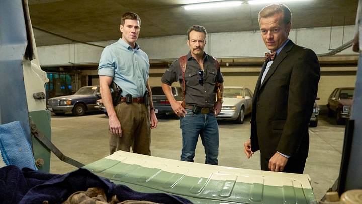 “Homeward Bound - Coverage of the CBS Original Series NCIS: Origins, airing Tuesday, March 31 (9:00-10:00 PM, ET/PT) on the CBS Television Network. Pictured: Austin Stowell as Leroy Jethro Gibbs, Kyle Schmid as Mike Franks, Adam Campbell as Doctor Donald “Ducky” Mallard. Photo: Greg Gayne/CBS ©2026 CBS Broadcasting, Inc. All Rights Reserved.