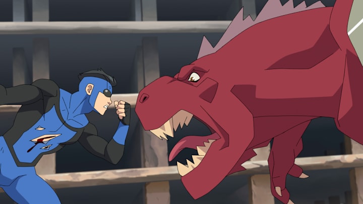 Invincible (Steven Yeun) and Dinosaurus (Matthew Rhys) in Invincible season 4. Courtesy of Prime Video.