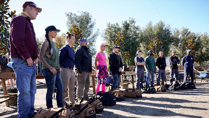 Pictured (L-R): Jake Cope, Ilima Shim, Laura Bernotas, Sergio Robles, Renèe Kolar, Larron Ables, Aly Bala, and Mister Frost in Tough as Nails season 4