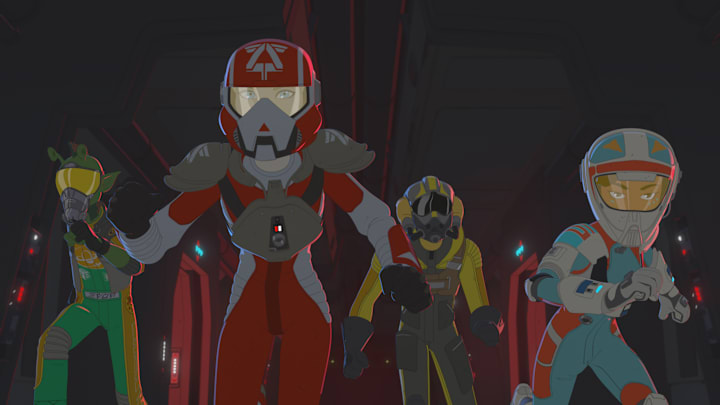 STAR WARS RESISTANCE - "The Triple Dark" - Kaz and BB-8 uncover information on an imminent pirate attack and must find a way to stop it. This episode of "Star Wars Resistance" airs Sunday, October 14 (10:00 - 10:30 P.M EDT) on Disney Channel. (Lucasfilm)
HYPE, FREYA, NEEKU, TORRA