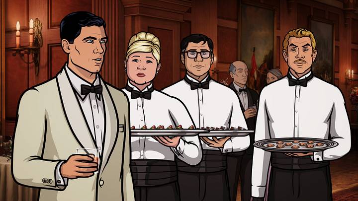 ARCHER -- " Bel Panto: Part I "-- Episode 705 (Airs Thursday, April 28, 10:00pm e/p) Pictured: (l-r) Sterling Archer (voice of H. Jon Benjamin), Pam Poovey (voice of Amber Nash), Cyril Figgis (voice of Chris Parnell), Ray Gillette (voice of Adam Reed). CR: FX